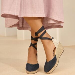 MANEBI Soft Suede Low Wedge Espadrilles Hamptons Patriot Blue EU 38 US 7.5